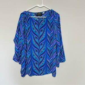 Bob Mackie Wearable Art Blue Pattern Blouse Size Medium